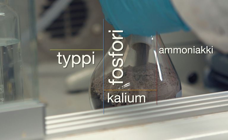 Kuvassa erlenmeyerpullo, jossa jotain jauhetta. Kuvassa lukee myös tekstit: "typpi", "fosfori", "kalium", "ammoniakki" valkoisella fontilla.